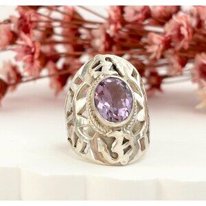 Amethyst Gemstone Bintage Abstract Symbol Sterling Silver Chunky Ring - sz 5.25